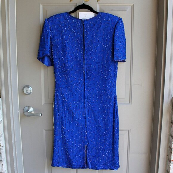 Vintage Swee Lo Dress Women's Medium Cobalt Blue Beaded Sequins Silk Shoulder Pa - Picture 7 of 10